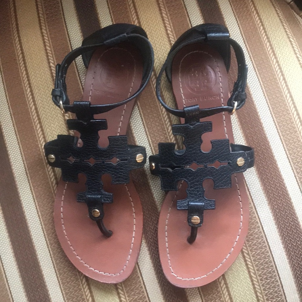 Tory Burch Black Leather Logo Thong Sandals with Brown Footbed